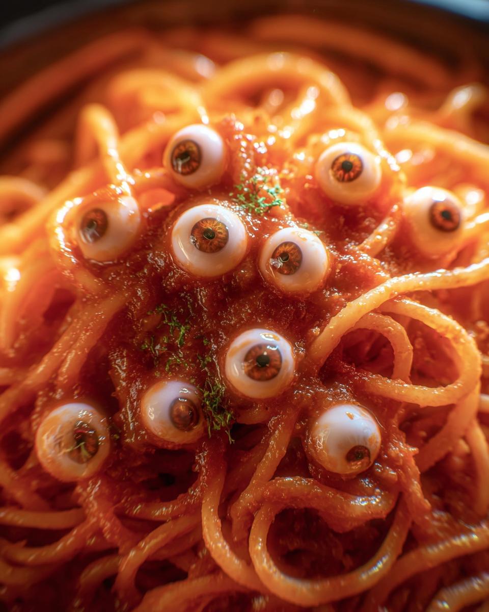 Close-up of Halloween Pasta Mozzarella Eyeballs. Pasta with tomato sauce topped with mozzarella eyeballs for a spooky treat.