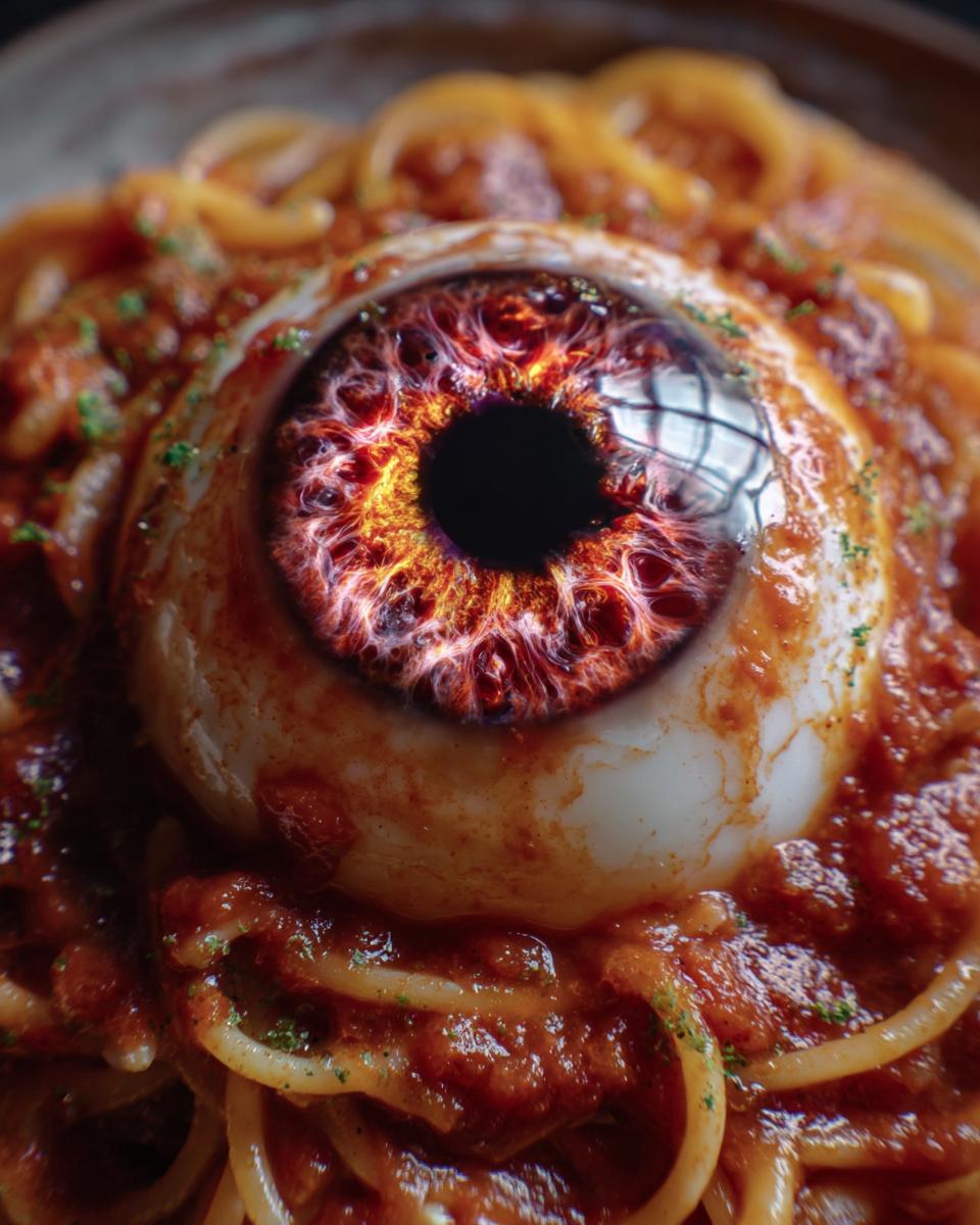 Close-up of Halloween Pasta Mozzarella Eyeballs recipe, showing a spooky eyeball on top of spaghetti with tomato sauce.