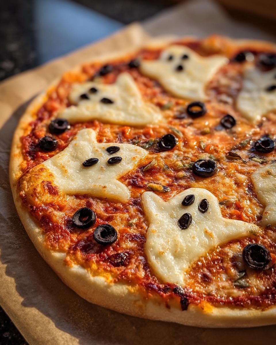 Overhead view of a Halloween pizza margherita decorated with mozzarella ghost shapes and black olive accents.