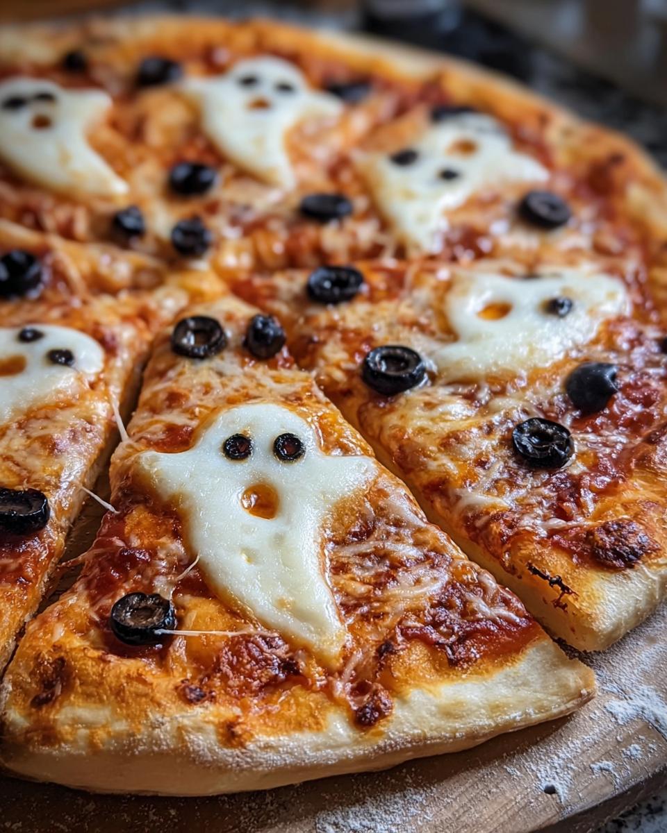 Close-up of Halloween pizza margherita with mozzarella ghosts and black olive decorations.