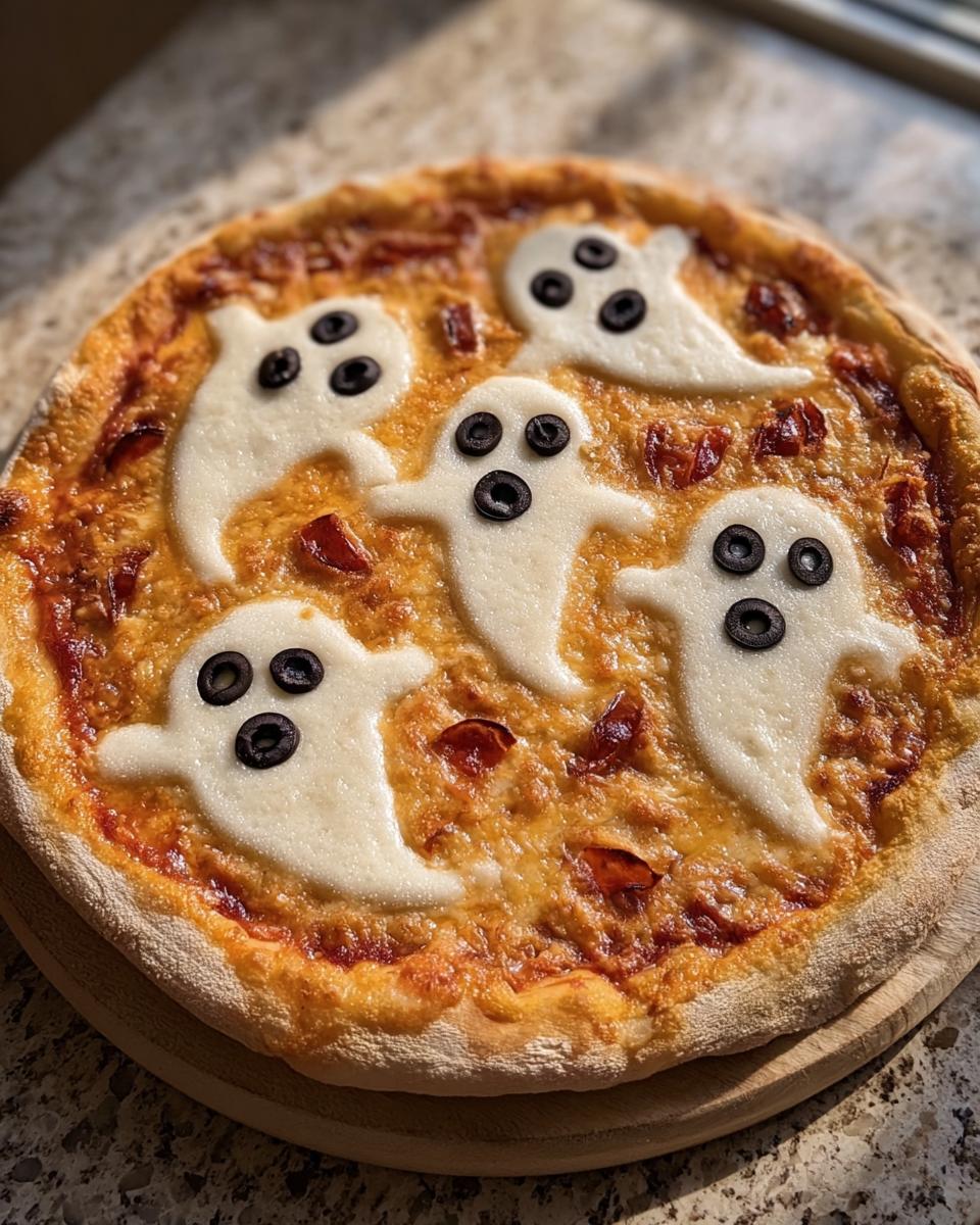 Overhead shot of a Halloween pizza margherita decorated with mozzarella ghosts and olive eyes.