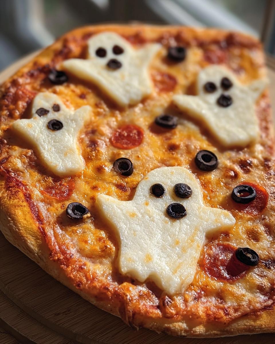 Halloween pizza margherita featuring ghost-shaped mozzarella, pepperoni, and black olives on a crispy crust.