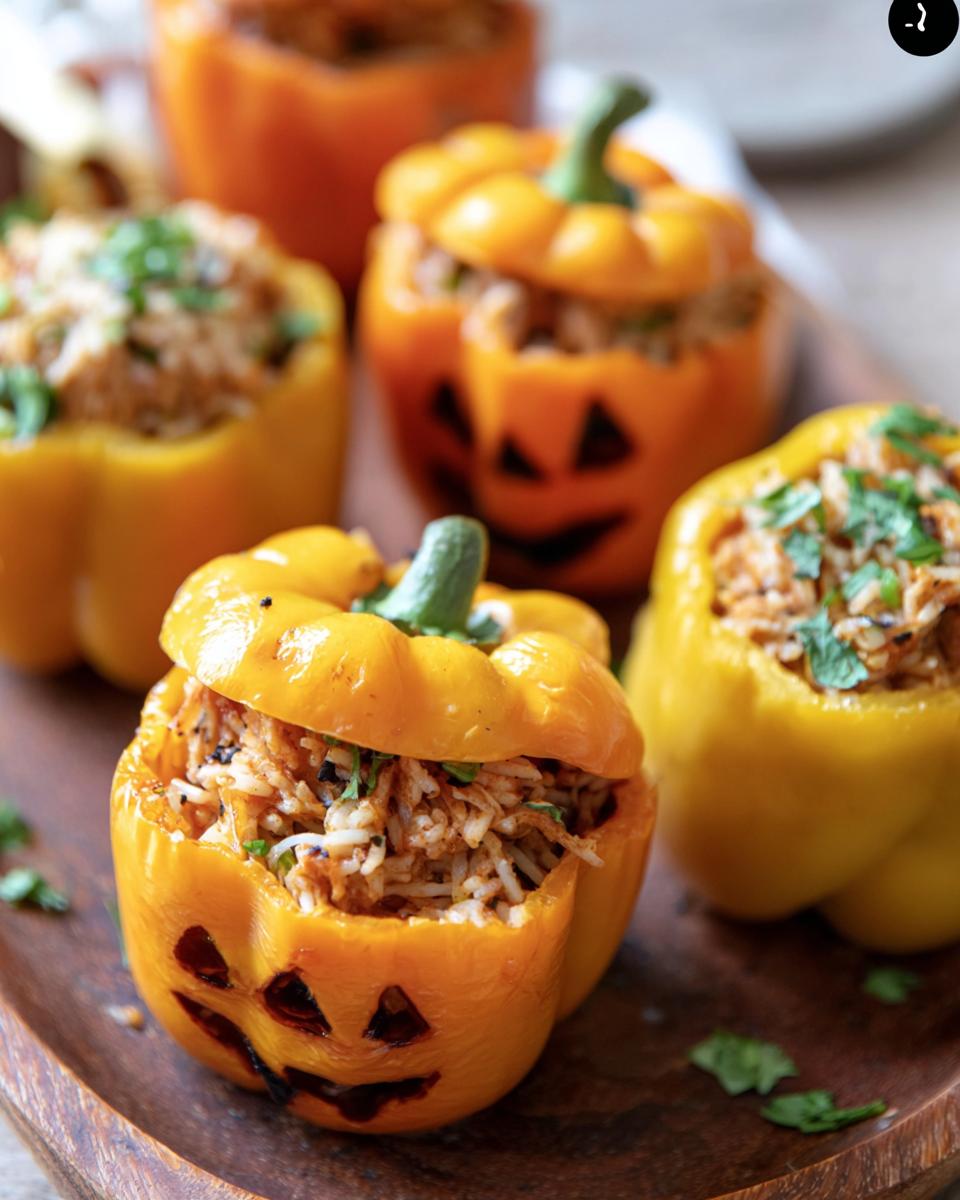 Festive Halloween shredded chicken rice stuffed peppers carved with jack-o'-lantern faces on a wooden tray.