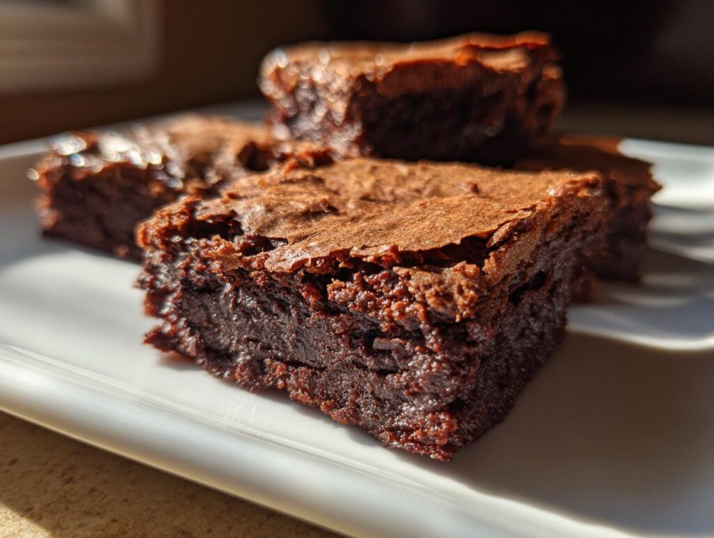 Close-up of Healthy 87 Calorie Brownies on a white plate, showcasing their fudgy texture.