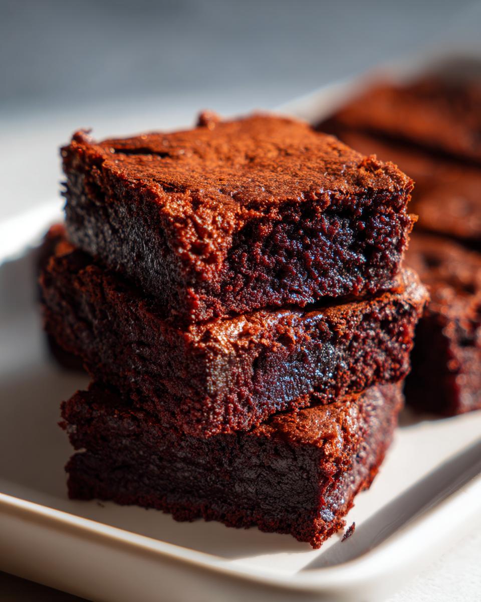 A stack of three Healthy 87 Calorie Brownies on a white plate, showcasing their rich, dark chocolate color and texture.