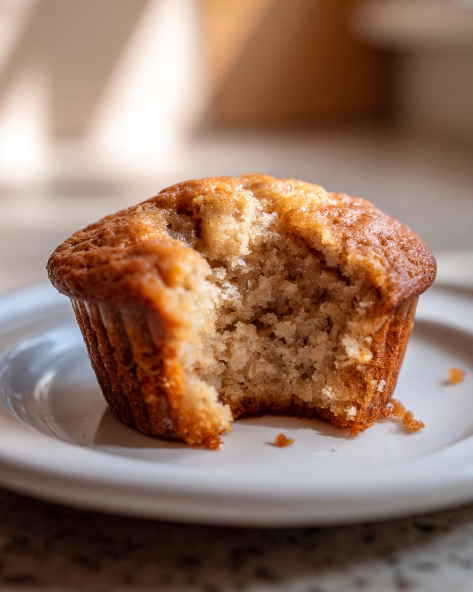 Close-up of a Healthy Banana Muffin with a bite taken out, showing the soft texture inside.