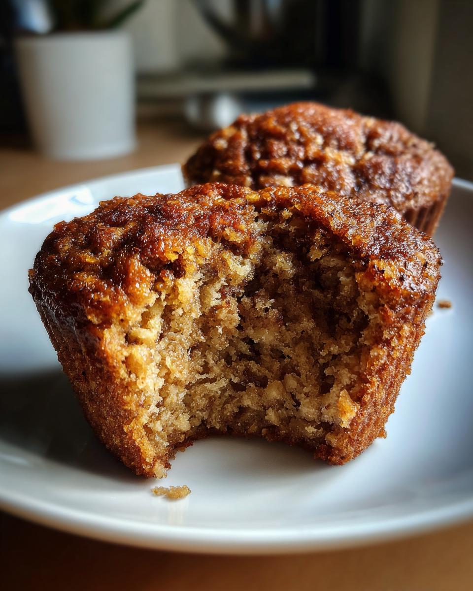 Two Healthy Banana Muffins on a white plate, one with a bite taken out to show the texture.