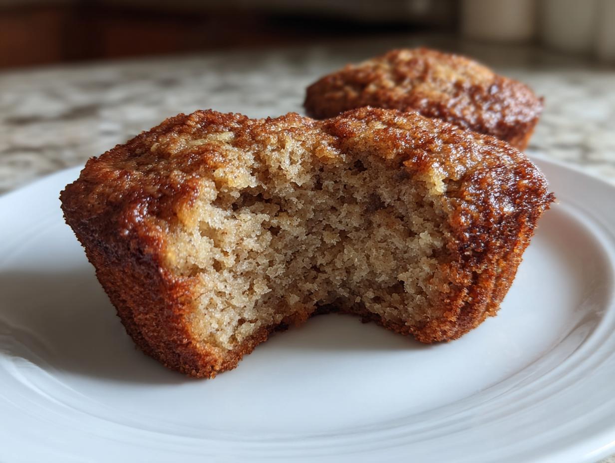 Close-up of a Healthy Banana Muffin with a bite taken out, showing the texture, on a white plate.