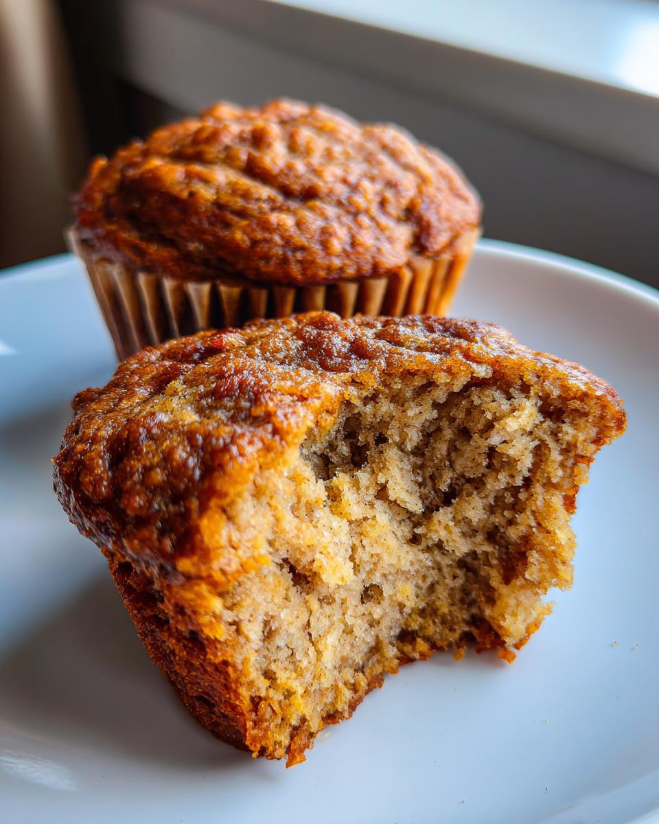 Two Healthy Banana Muffins on a plate, one with a bite taken out to show the texture.