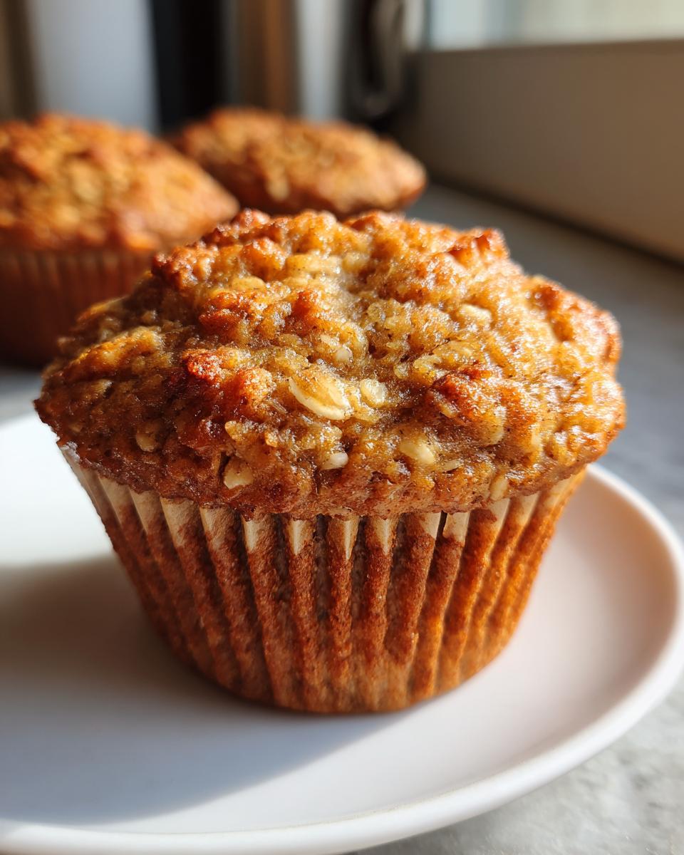 A close-up of a Healthy Banana Oatmeal Muffin on a white plate, showcasing its texture and golden-brown color.