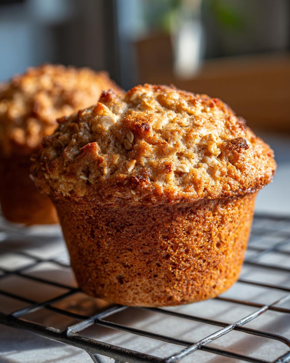 Close-up of a freshly baked Healthy Banana Oatmeal Muffin cooling on a wire rack.