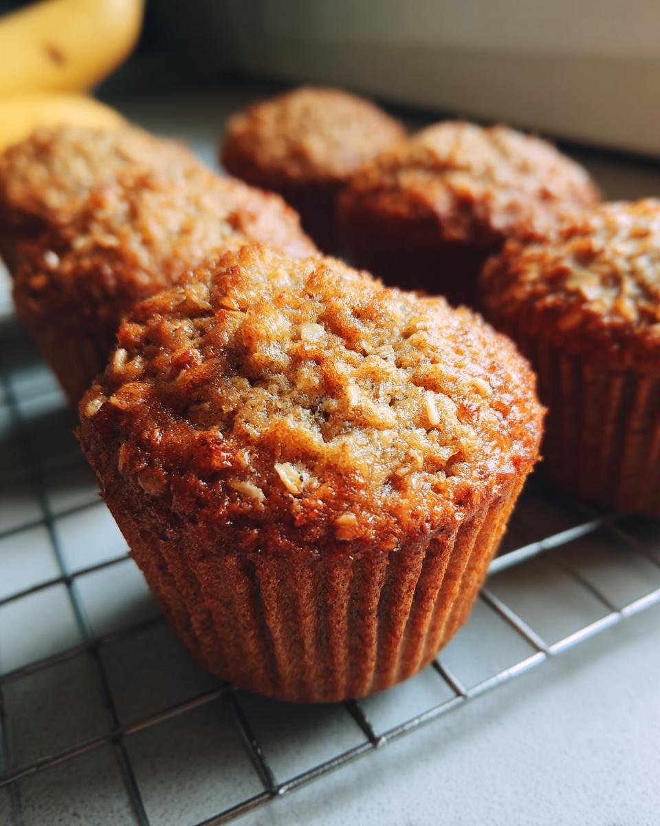 Close-up of Healthy Banana Oatmeal Muffins cooling on a wire rack, with bananas in the background.
