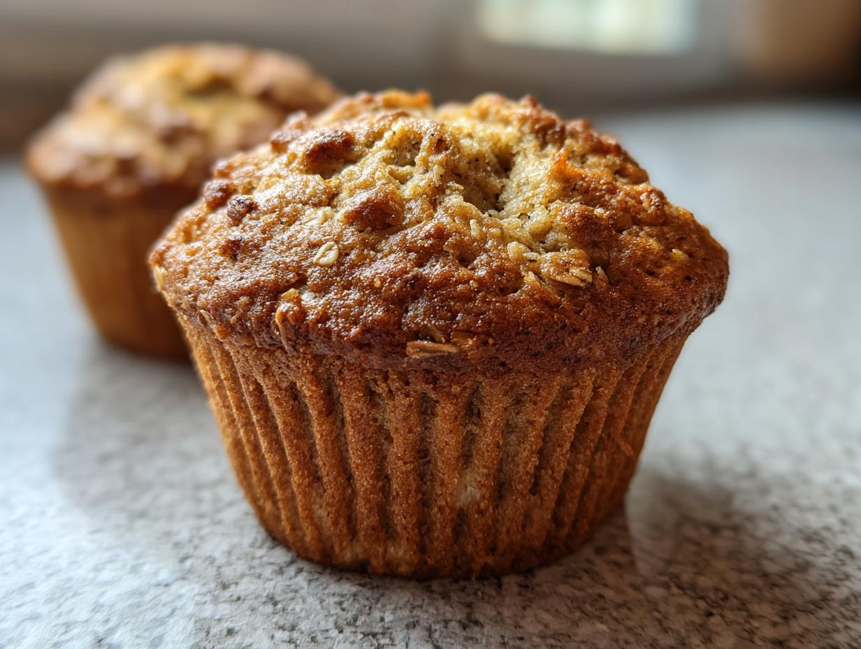 A close-up of a Healthy Banana Oatmeal Muffin, showcasing its texture and golden-brown color.