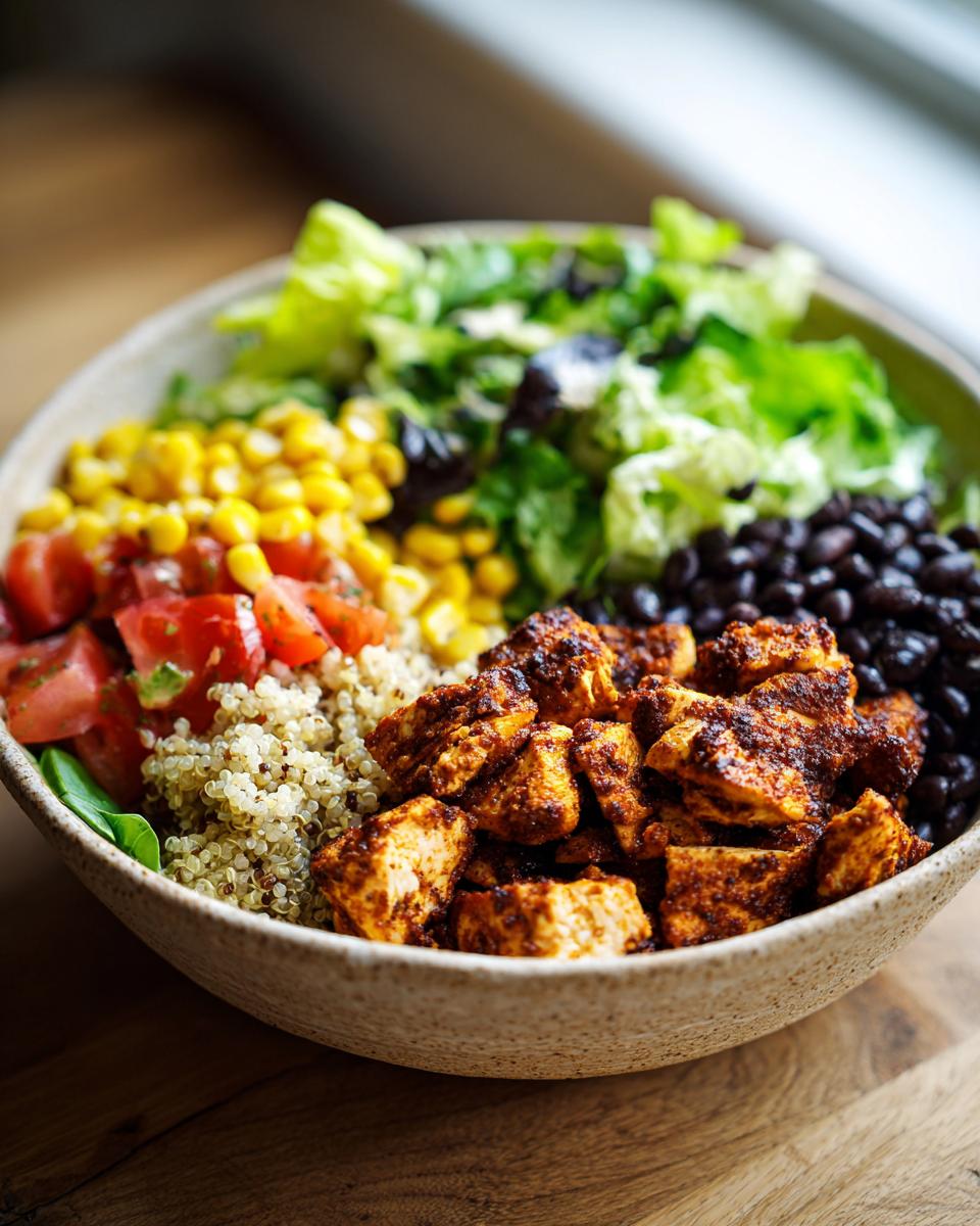 A colorful and delicious Healthy Chicken Taco Bowl with chicken, corn, beans, quinoa, tomatoes, and lettuce.