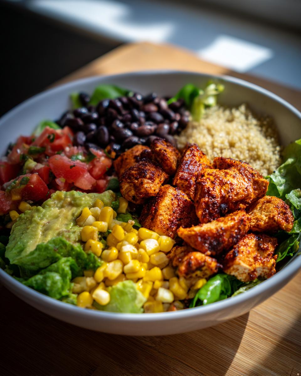 A vibrant and colorful Healthy Chicken Taco Bowl with chicken, black beans, corn, avocado, and quinoa.