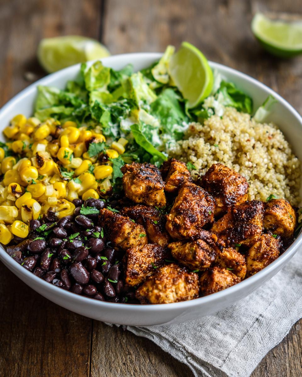 Overhead shot of a Healthy Chicken Taco Bowl with chicken, quinoa, black beans, corn, lettuce, and lime.