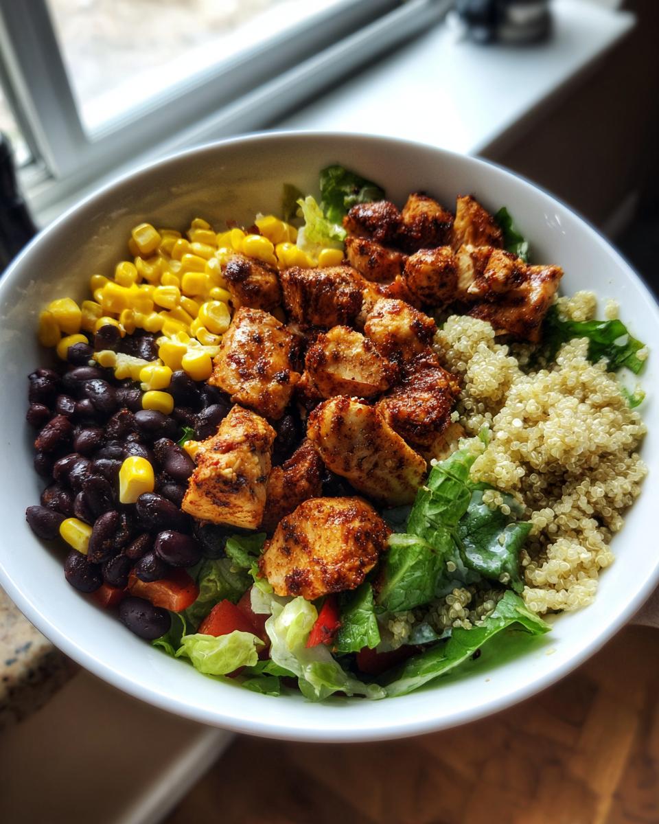 Overhead shot of a Healthy Chicken Taco Bowl with chicken, corn, beans, lettuce, and quinoa.