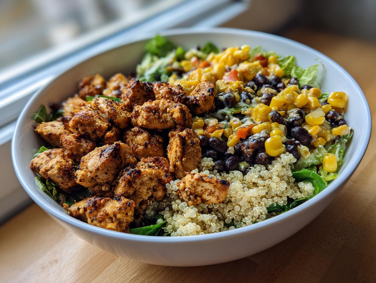 A vibrant bowl of Healthy Chicken Taco Bowls with seasoned chicken, quinoa, corn, and black beans on a bed of lettuce.