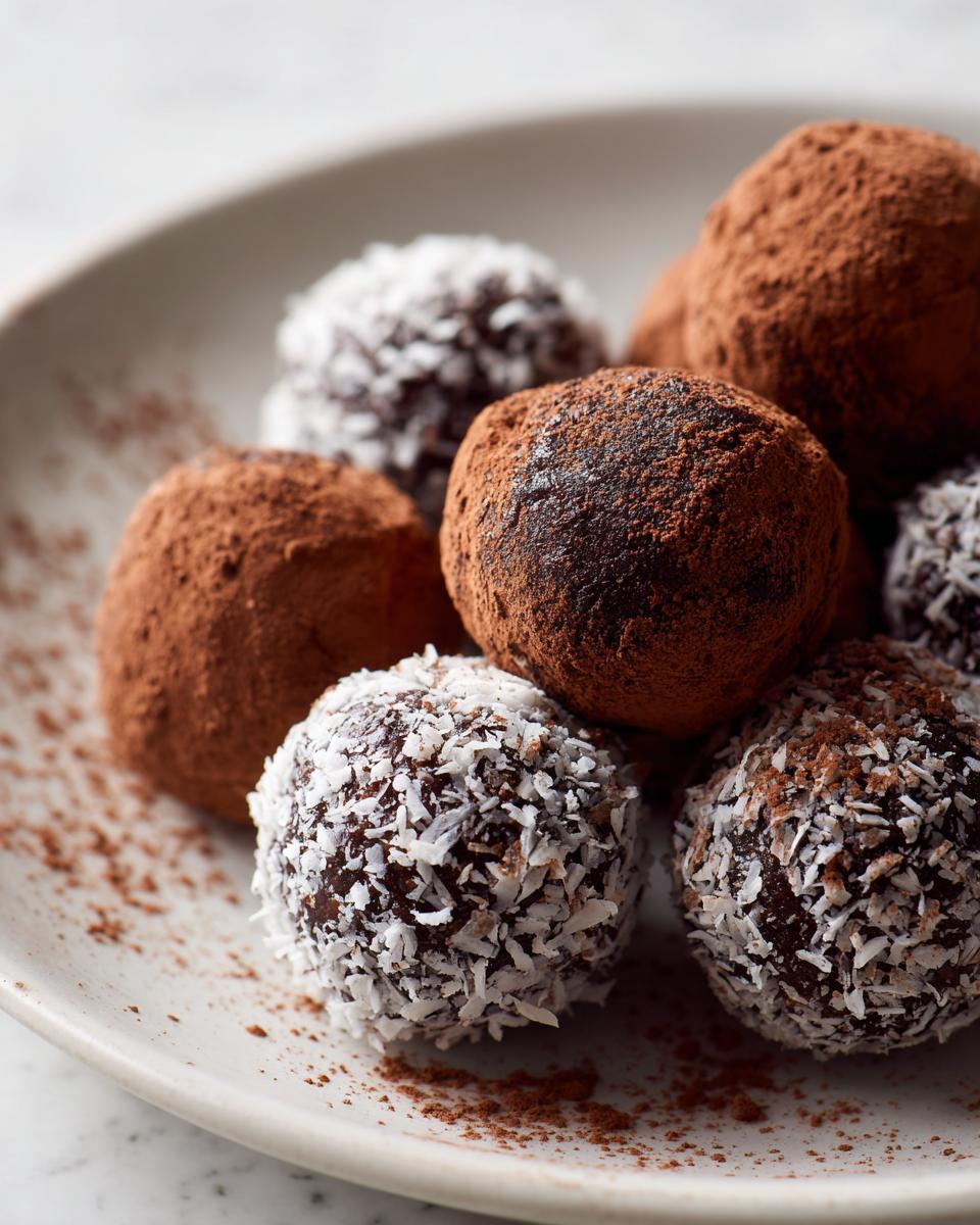 A plate of Healthy Chocolate Chickpea Truffles, some covered in cocoa powder and others in shredded coconut.