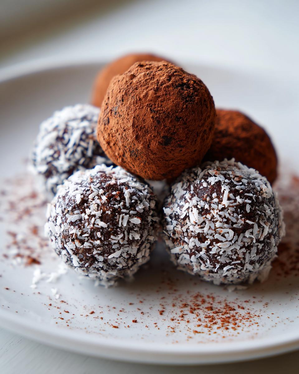 A plate of Healthy Chocolate Chickpea Truffles, some coated in cocoa powder and others in shredded coconut.