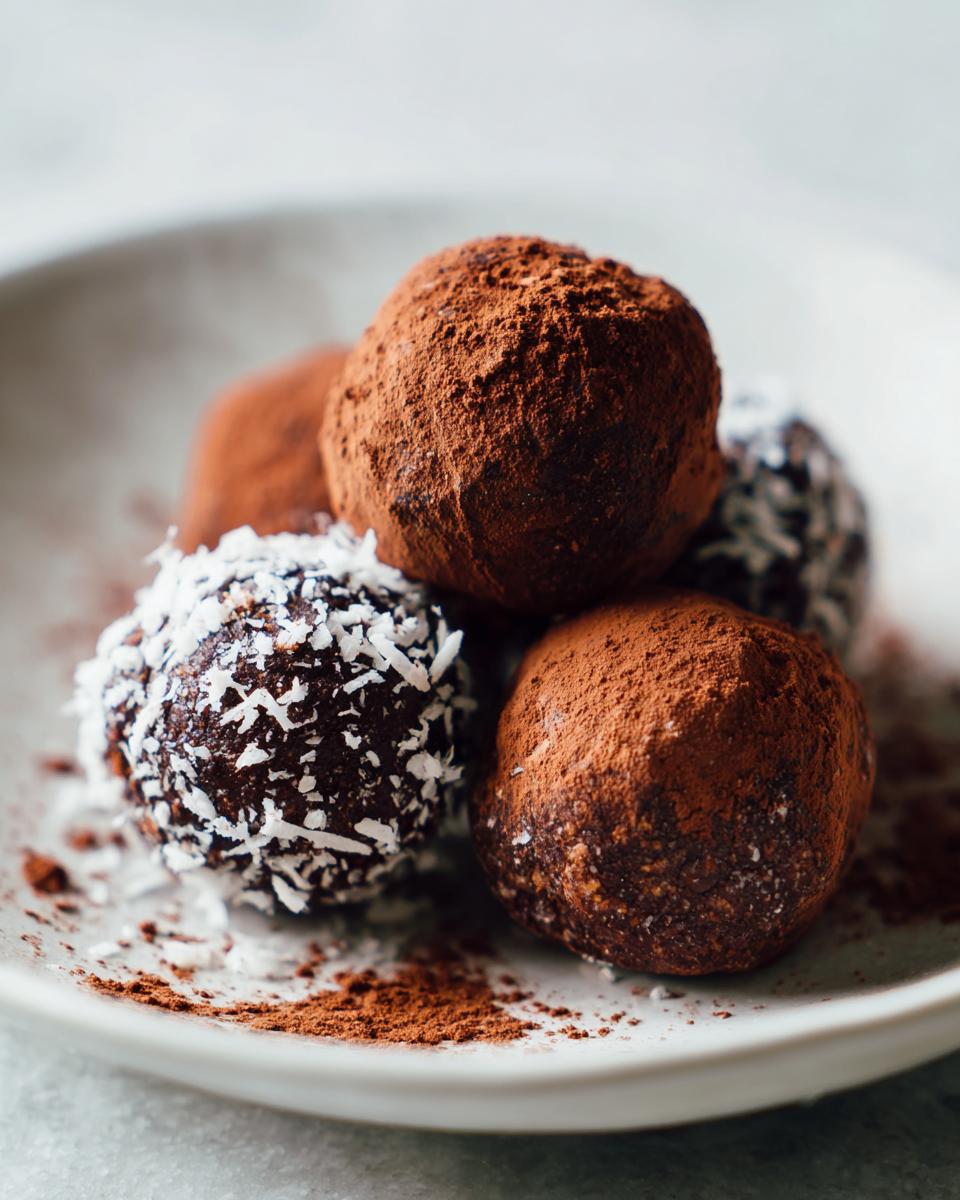 A plate of Healthy Chocolate Chickpea Truffles, some covered in cocoa powder and others in coconut flakes.