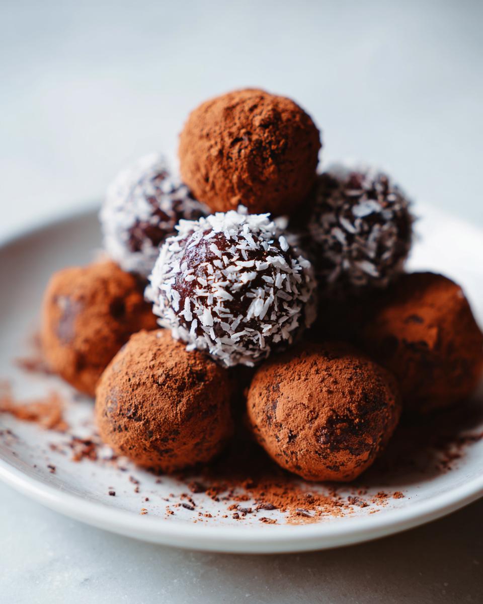 Pile of Healthy Chocolate Chickpea Truffles, some coated in cocoa powder and others in shredded coconut.