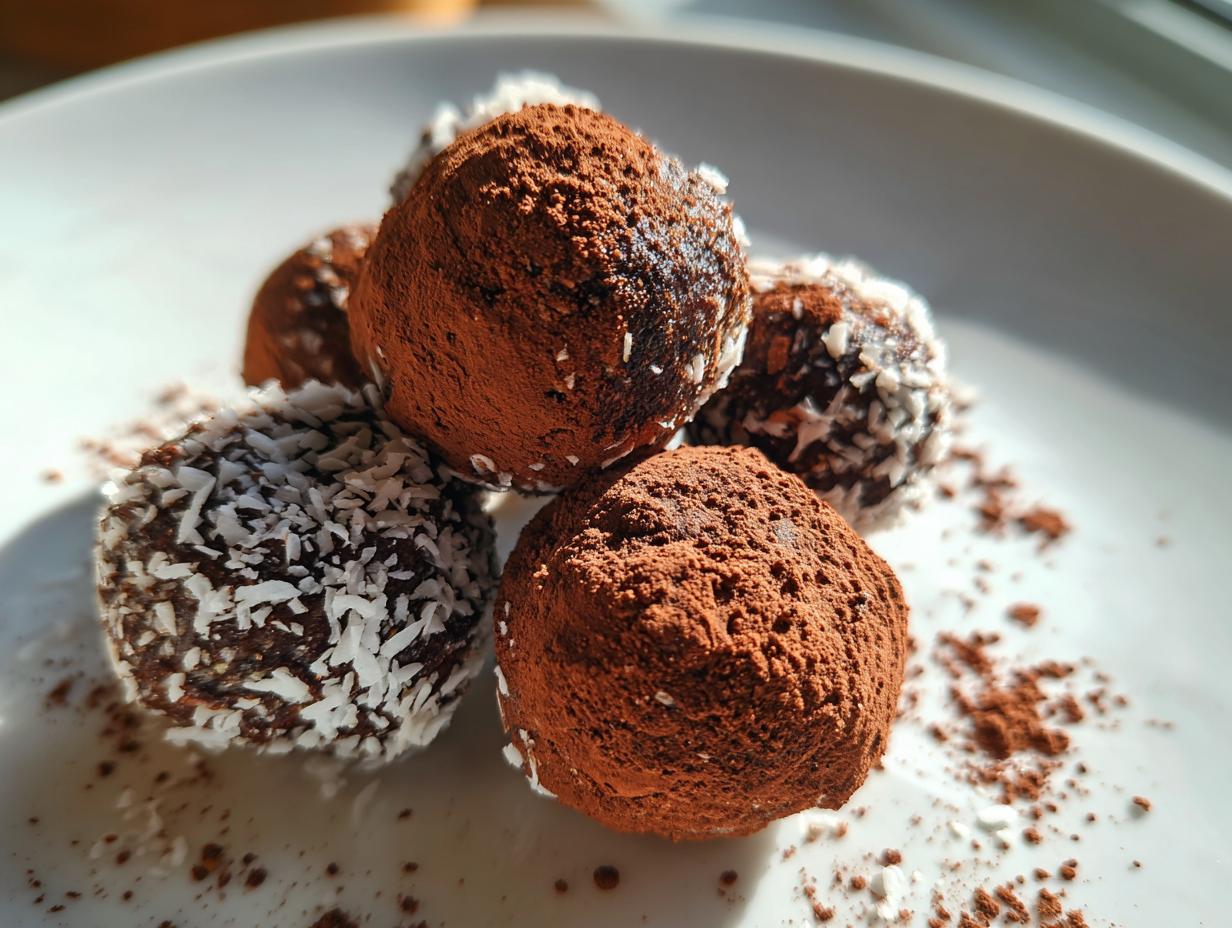 A pile of Healthy Chocolate Chickpea Truffles, some coated in cocoa powder and others in coconut flakes, on a white plate.