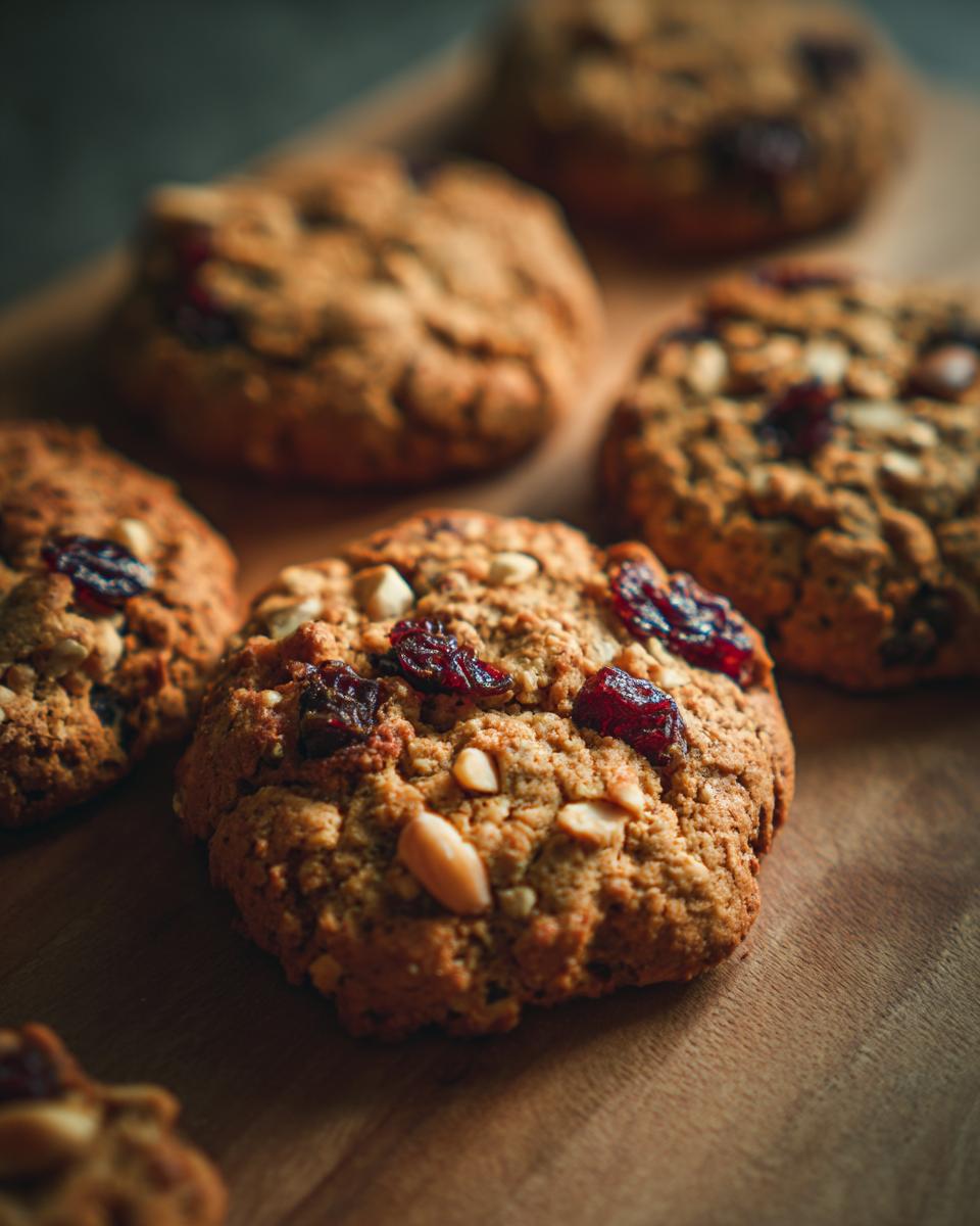 Several Healthy Nut Energy Cookies with nuts and dried cranberries on a wooden board.