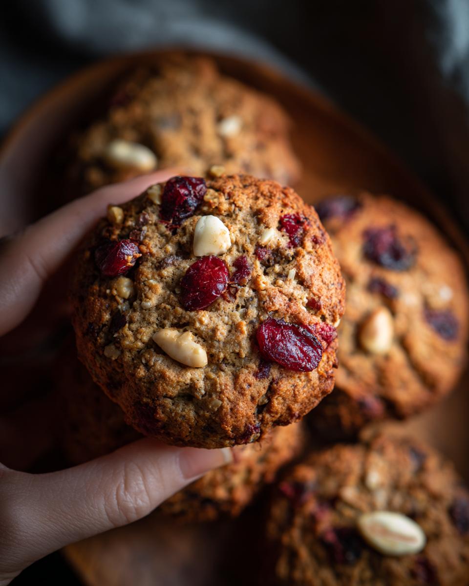 A hand holds a Healthy Nut Energy Cookie, showcasing nuts and cranberries. More cookies are blurred in the background.