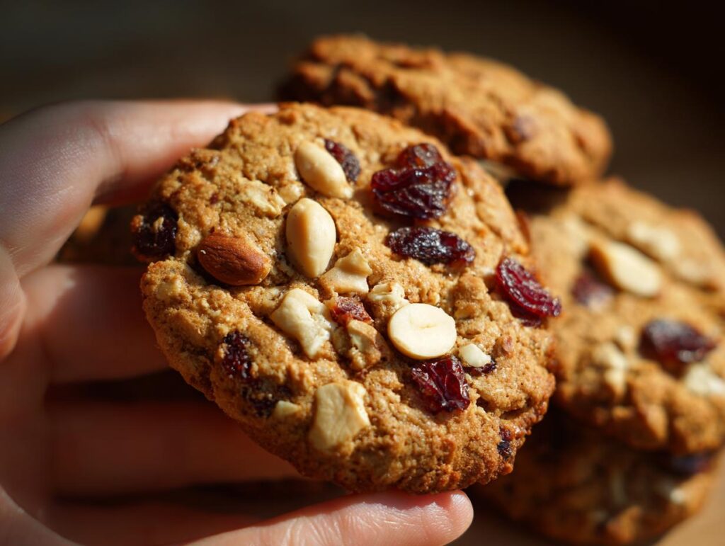 A hand holding a Healthy Nut Energy Cookie, showcasing nuts and dried cranberries. Other cookies are stacked in the background.