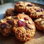 A stack of Healthy Nut Energy Cookies topped with nuts and dried cranberries, displayed on a wooden surface.