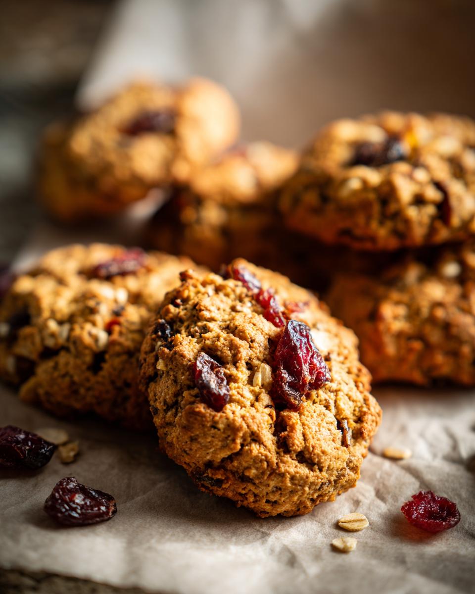 A stack of Healthy Nut Energy Cookies on parchment paper, topped with dried cranberries.