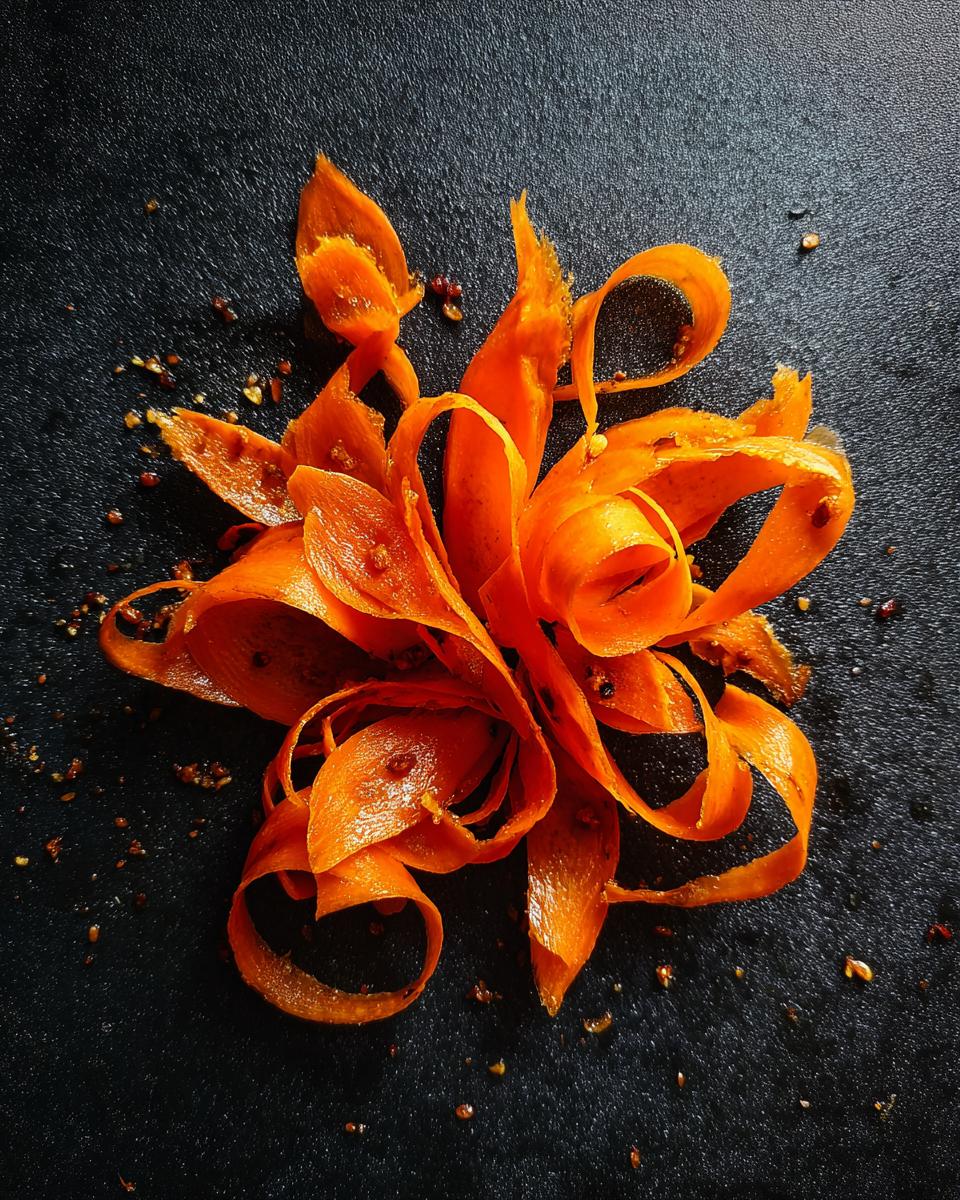 Artistic arrangement of Healthy Smashed Carrots, thinly sliced and curled, with chili flakes on a dark background.