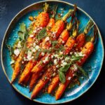 Overhead view of Healthy Smashed Carrots on a blue plate, topped with herbs and feta.
