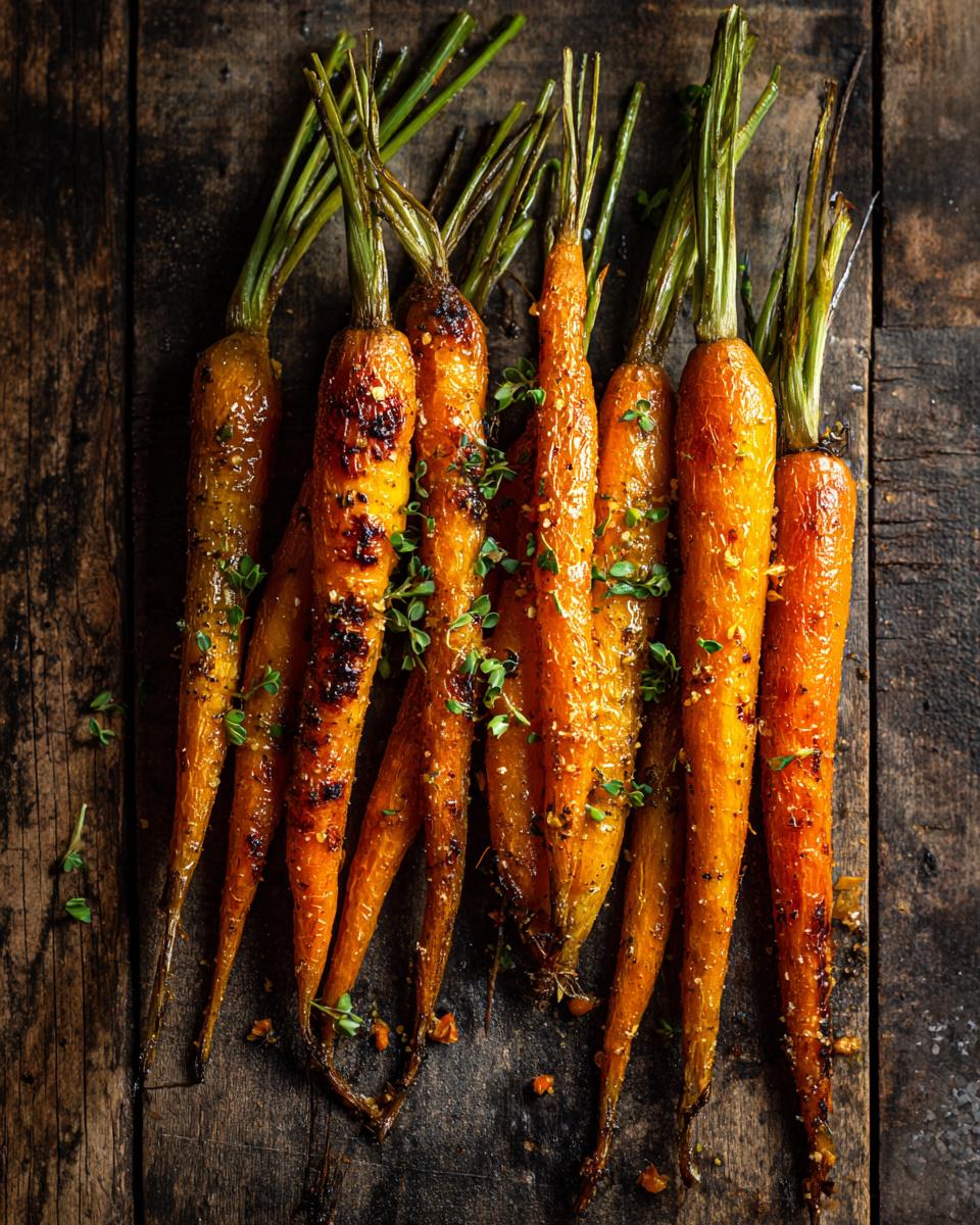 Overhead view of roasted Healthy Smashed Carrots seasoned with herbs on a dark wooden surface.