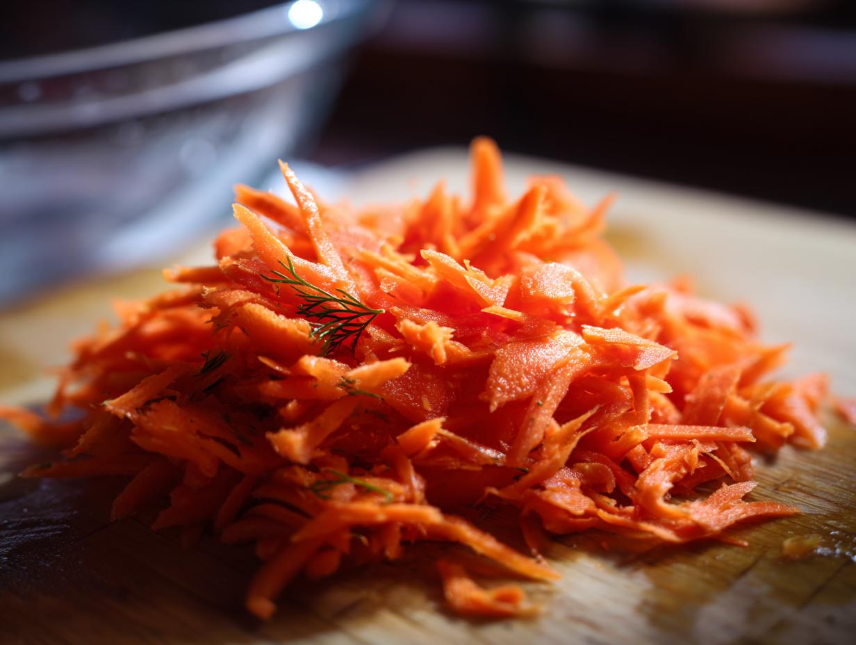 Close-up of shredded Healthy Smashed Carrots with dill on a wooden cutting board, ready to be cooked.