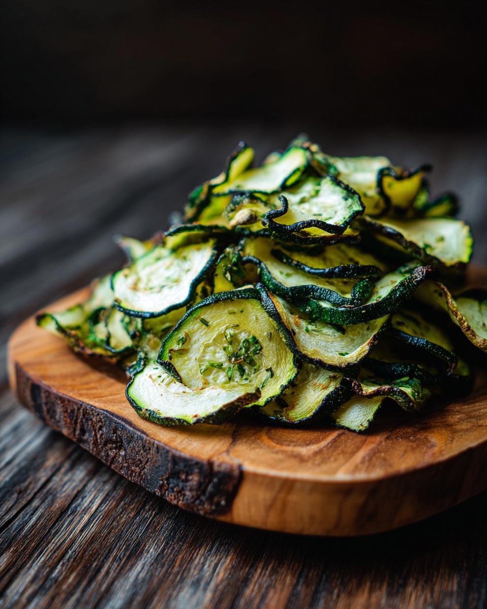 A stack of crispy Healthy Zucchini Chips on a wooden board, ready to eat.