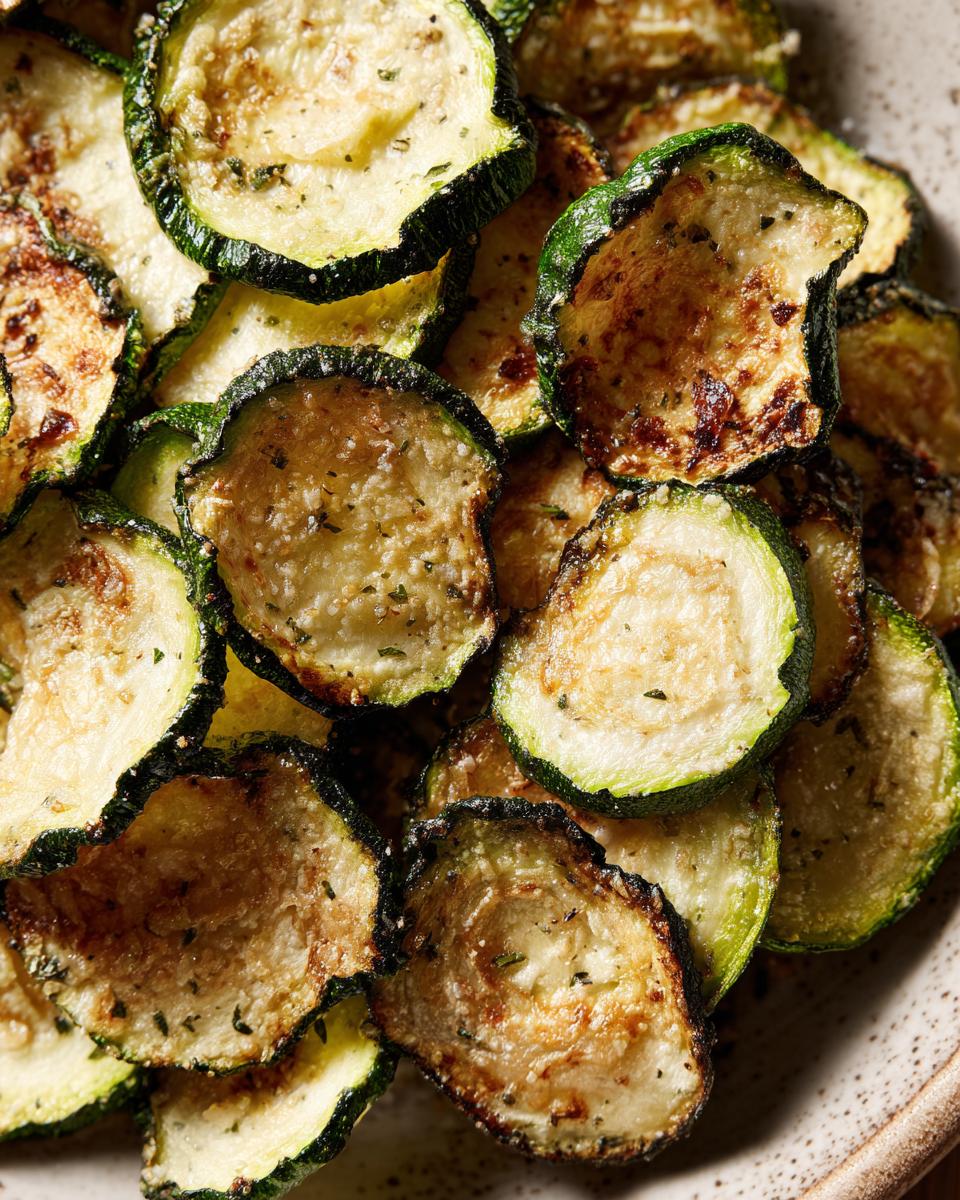 A close-up shows a pile of golden, crispy Healthy Zucchini Chips seasoned with herbs.