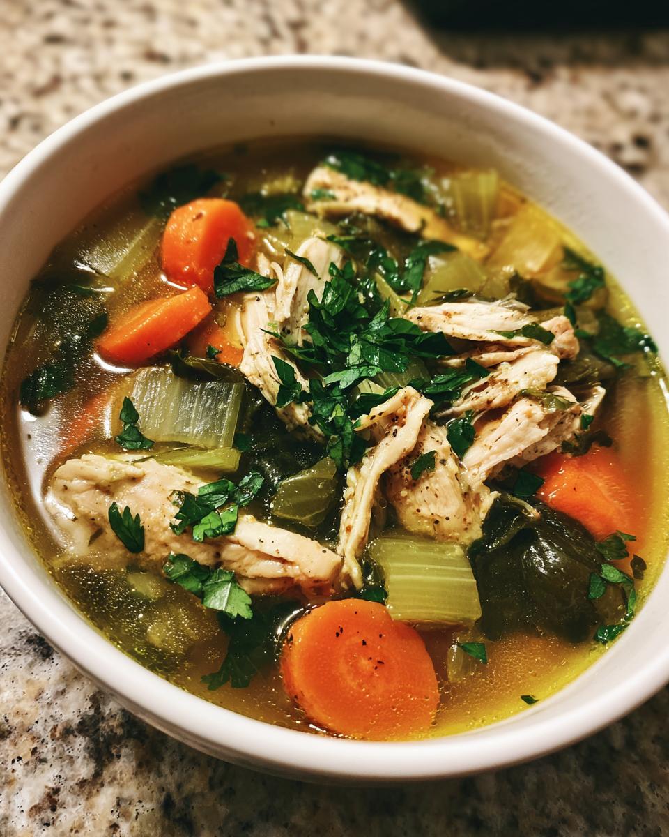 A comforting bowl of Hearty Bokchoy Chicken Soup with carrots, celery, and fresh parsley.