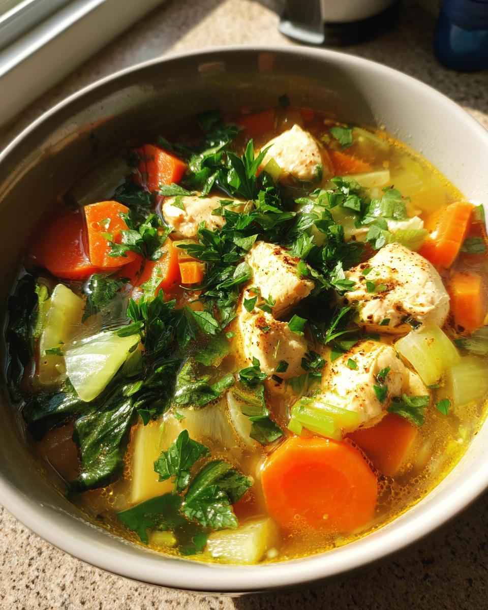A comforting bowl of Hearty Bokchoy Chicken Soup with chicken, carrots, and fresh parsley.