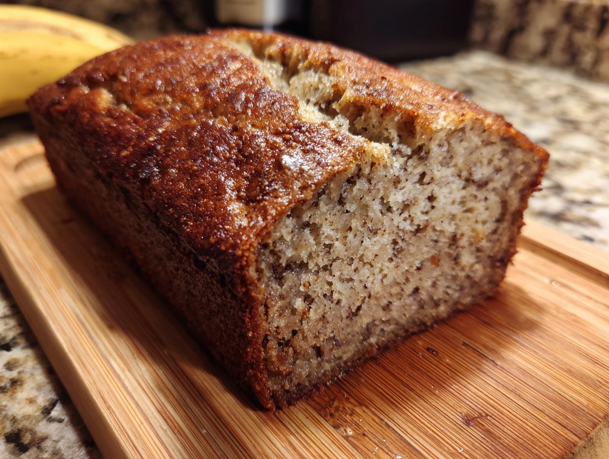 A loaf of freshly baked High Protein Banana Bread with Greek Yogurt on a wooden board.