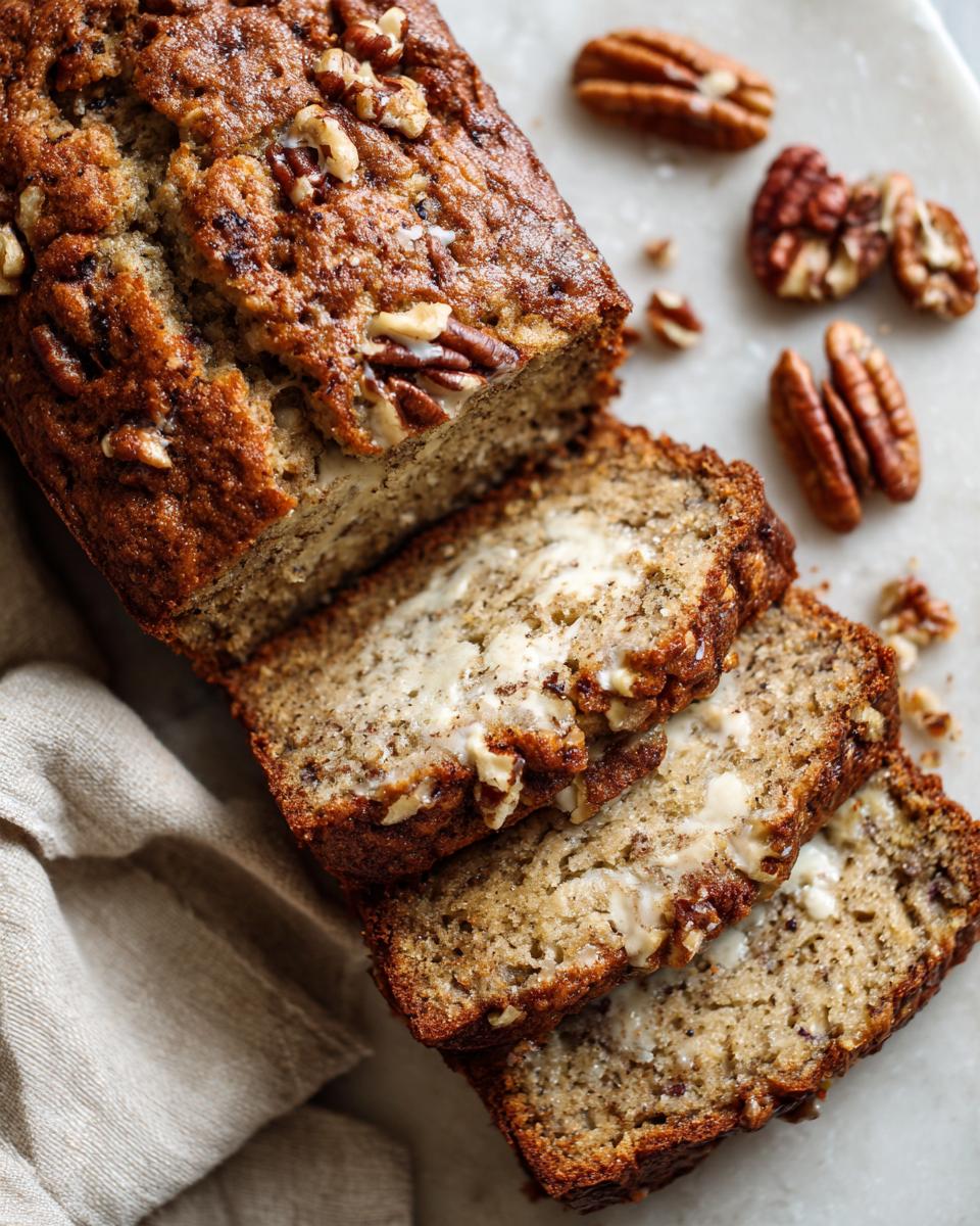 Slices of High Protein Banana Bread with Greek Yogurt, topped with nuts and butter.