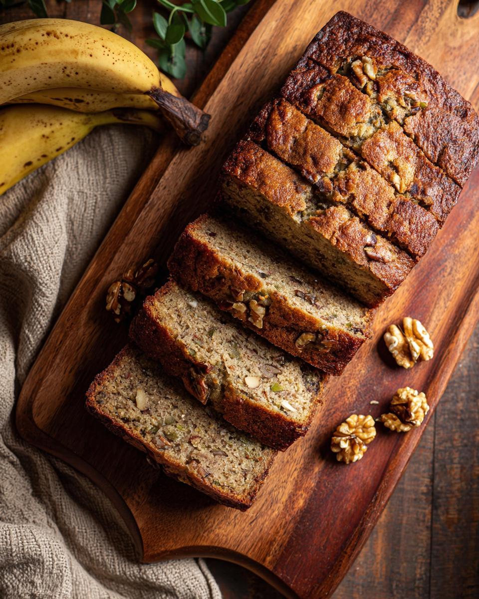 Overhead shot of sliced High Protein Banana Bread with Greek Yogurt and walnuts on a wooden board with bananas.
