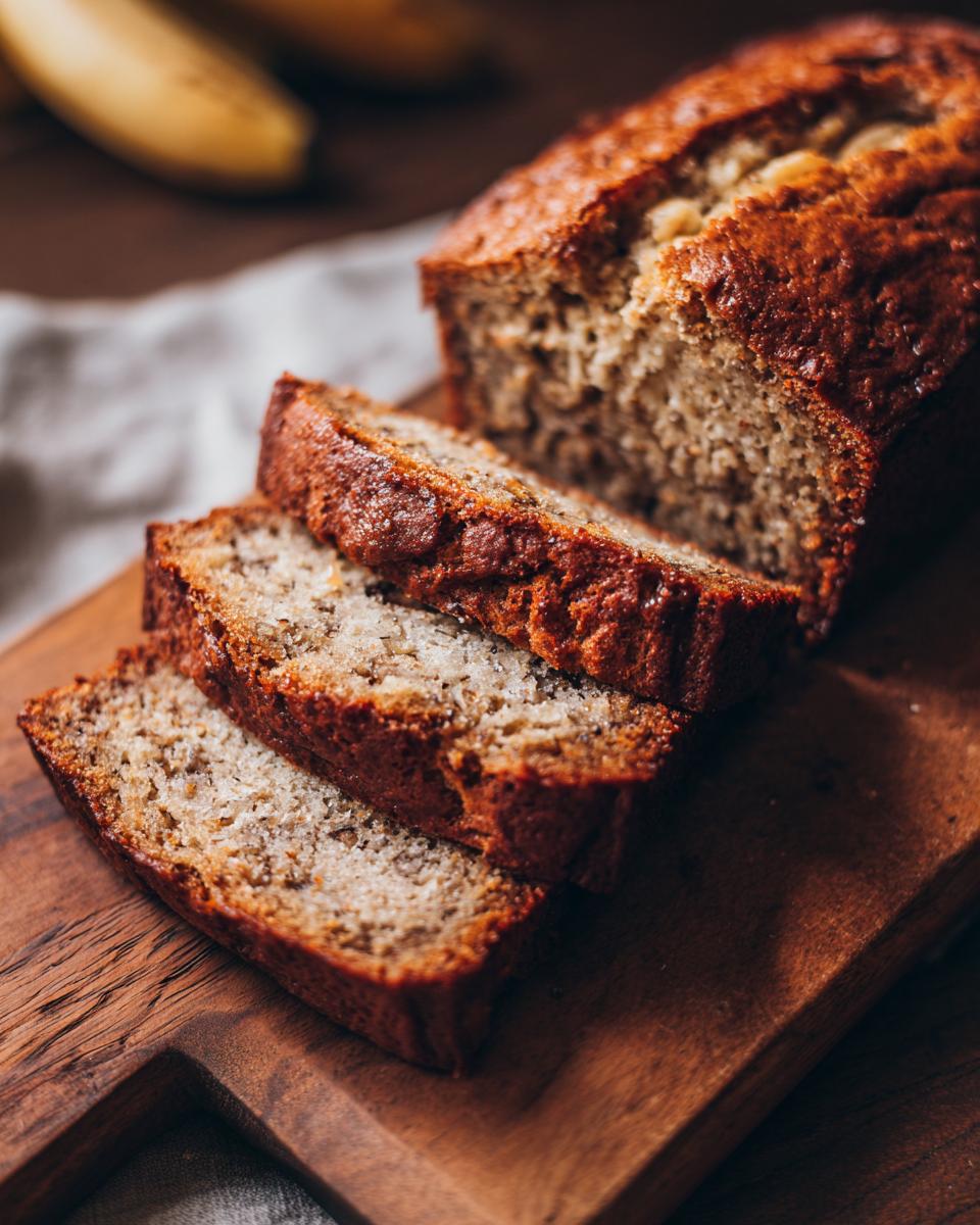 Slices of freshly baked High Protein Banana Bread with Greek Yogurt on a wooden cutting board.