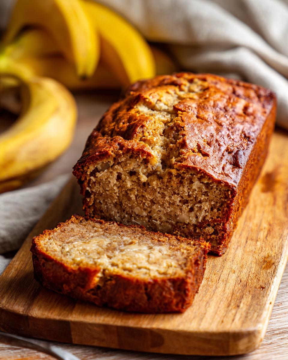 A loaf of High Protein Banana Bread with Greek Yogurt, with a slice cut, on a wooden board with bananas in the background.