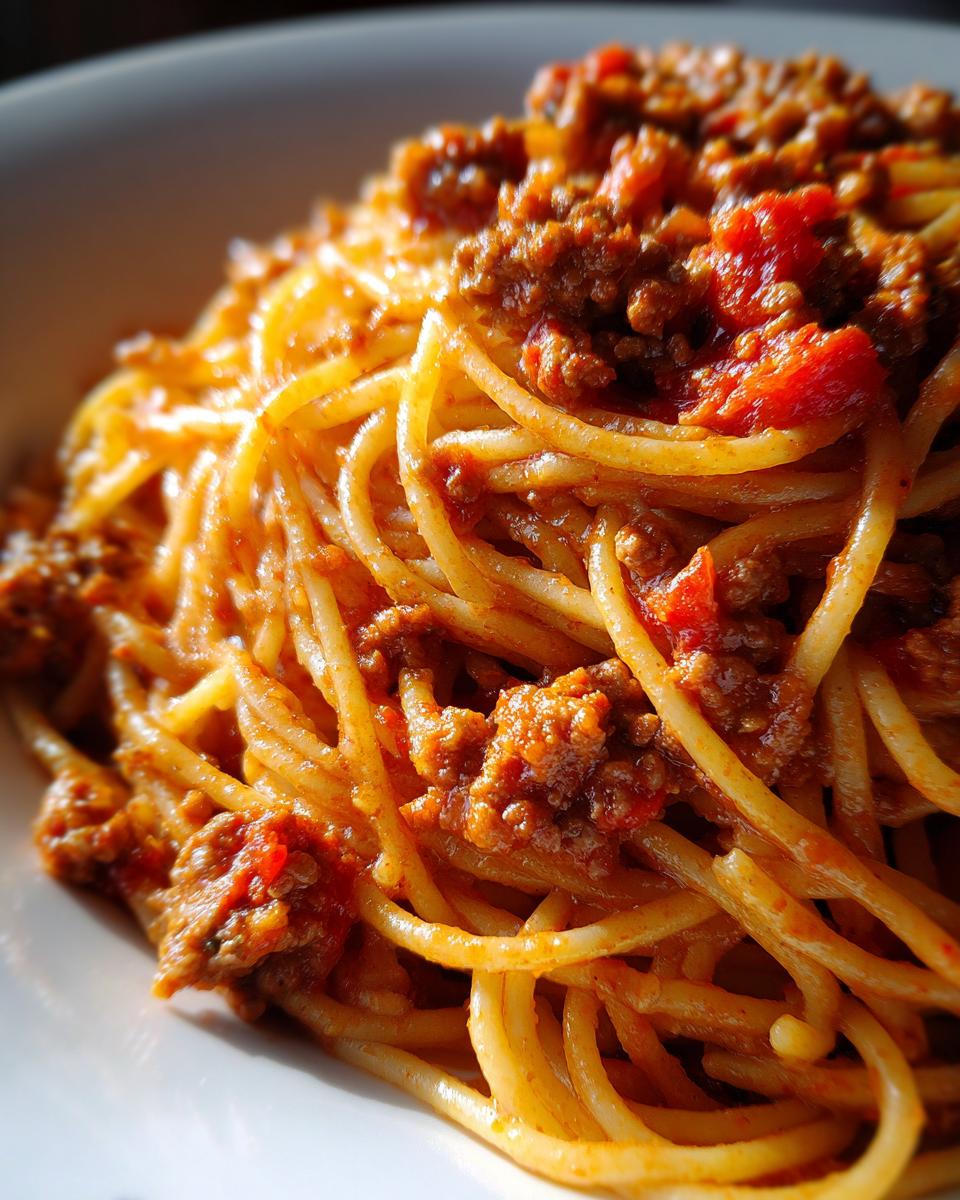 Close-up of High Protein Beef Pasta with a rich tomato sauce, showcasing the beef and pasta strands.