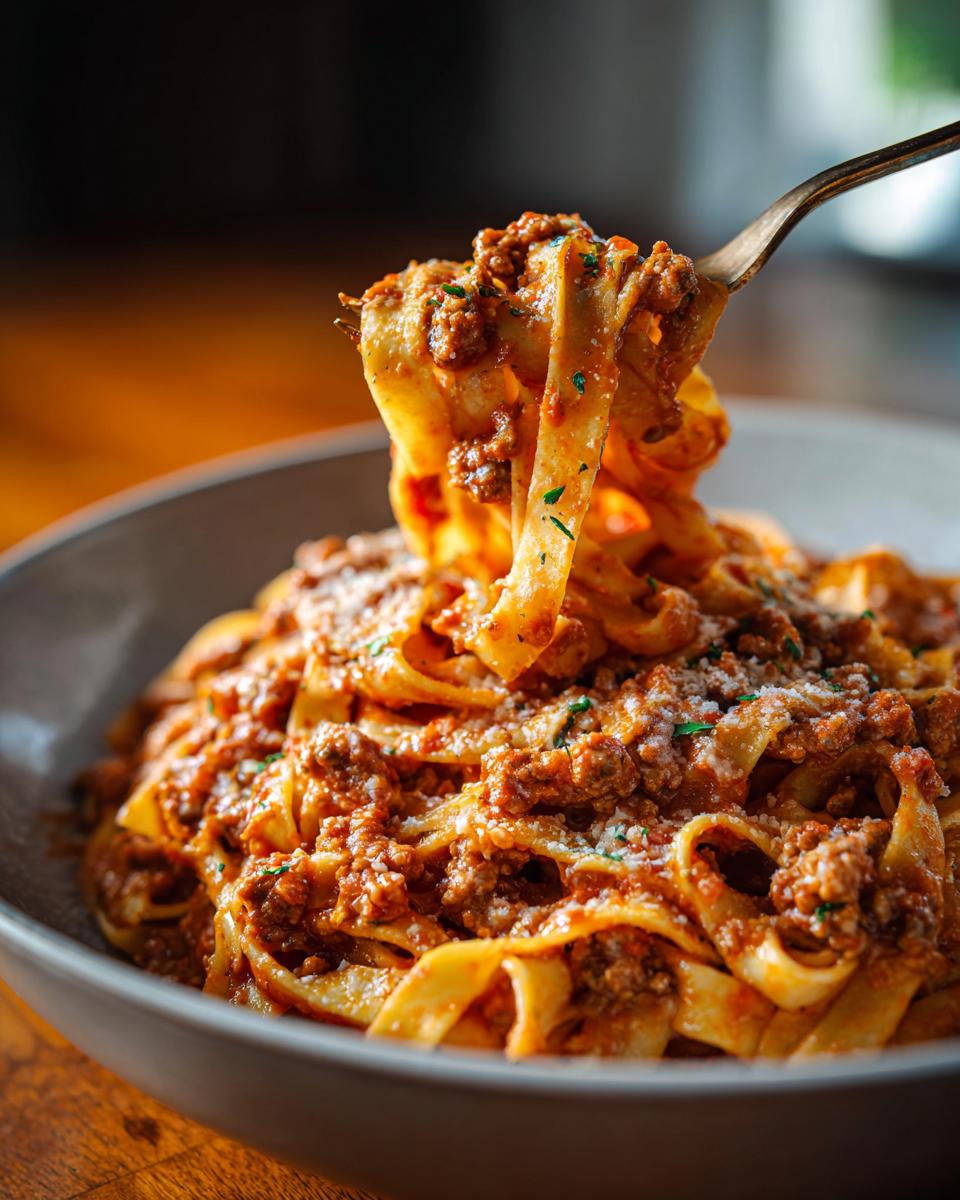 A fork lifts a portion of High Protein Beef Pasta, showcasing the rich sauce and pasta texture.