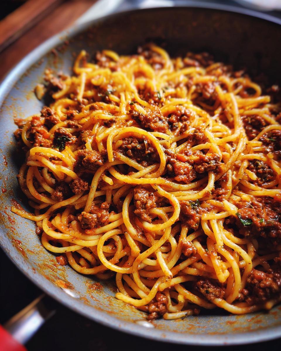 Close-up of High Protein Beef Pasta in a skillet, featuring spaghetti and a rich meat sauce.