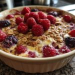 A delicious High Protein Berry Bake with raspberries and blackberries in a baking dish.