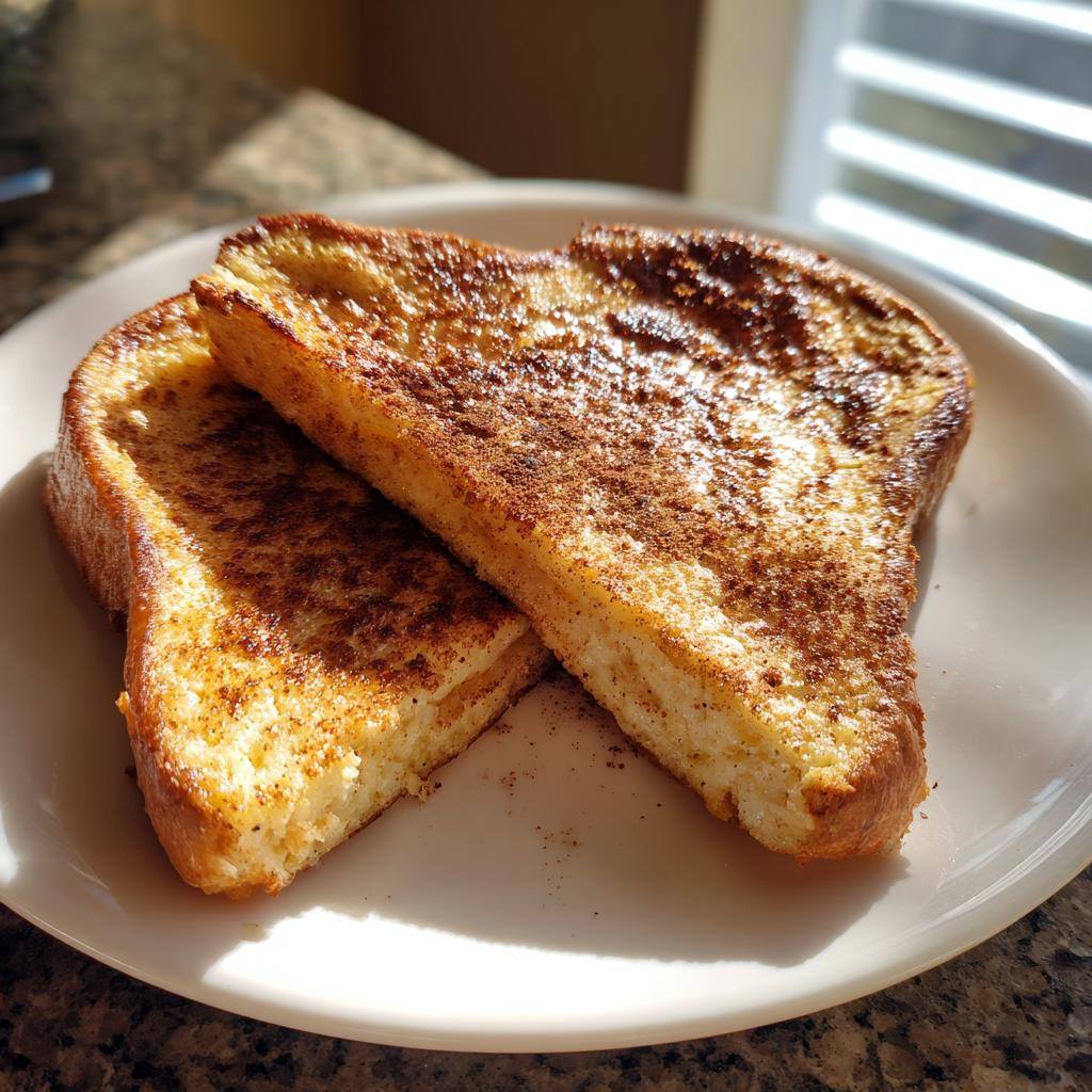 Two slices of golden brown French toast, part of a High Protein Berry Bake recipe, sprinkled with cinnamon on a white plate.